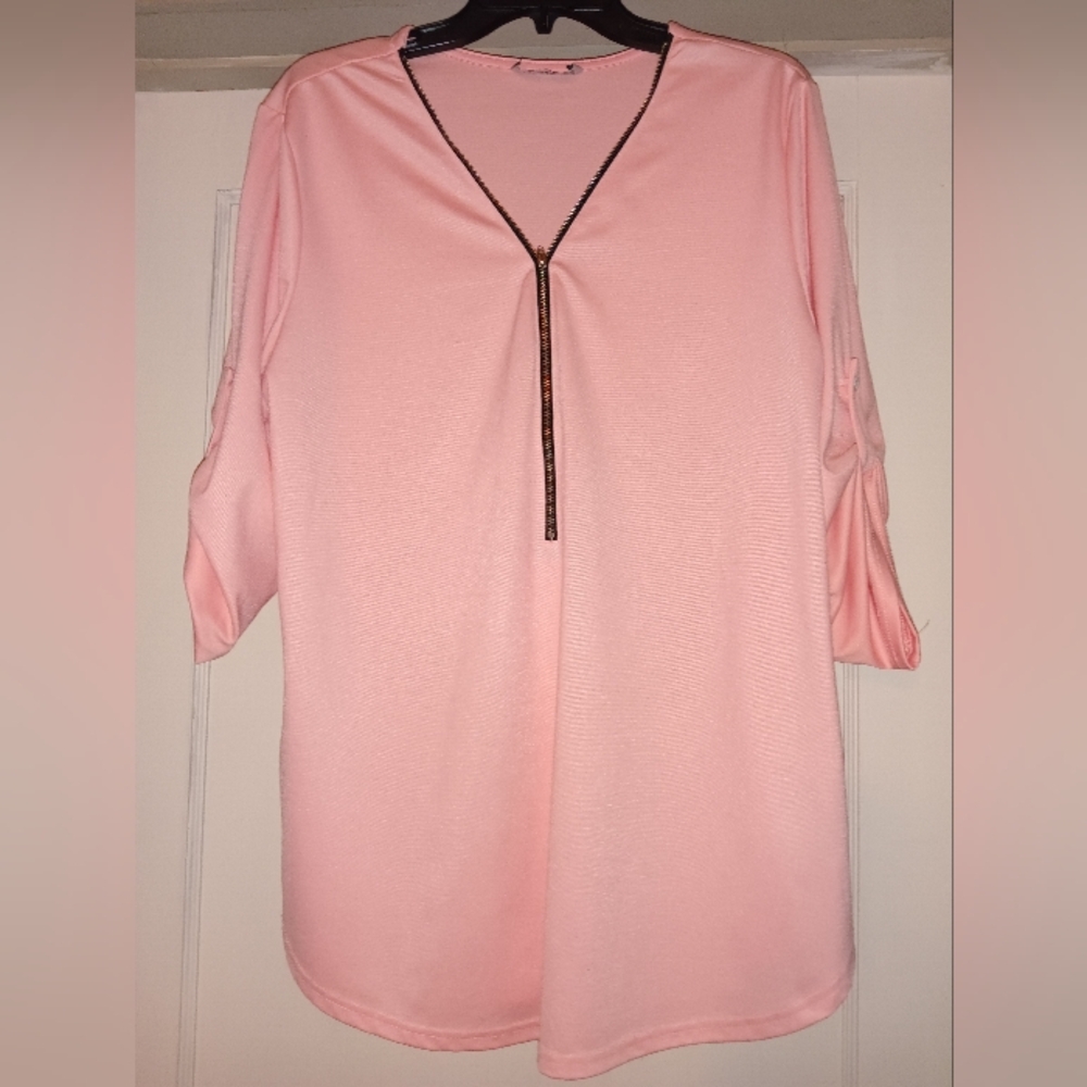 Pink Women's Top Front Zipper Button Sleeves Size XL